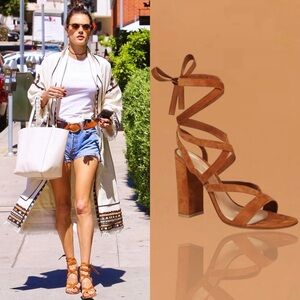 Gianvito Rossi ‘Janis’ Lace Up Heeled Sandals in Camel Suede Size 5 Model Fave